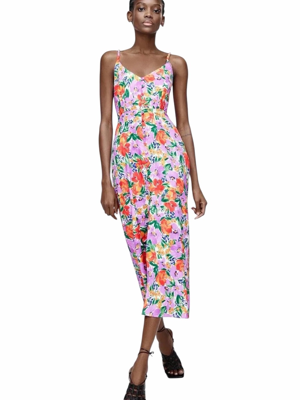 Zara Floral Summer Dress in Pink, Orange, Green and Purple - XS